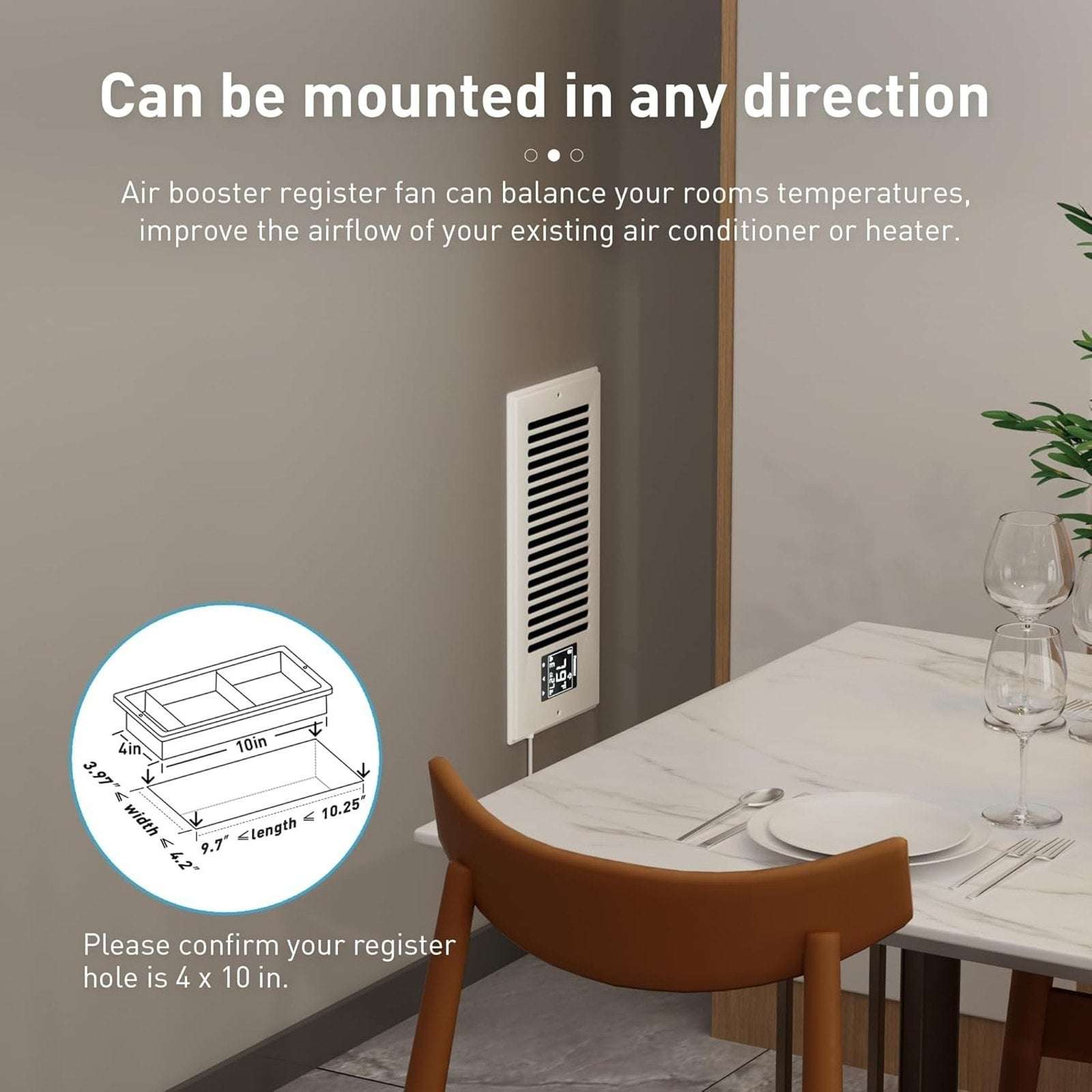 4"X10" Smart Vent Air Booster Register Fan 9-Speeds Thermostat & Humidity Sensor