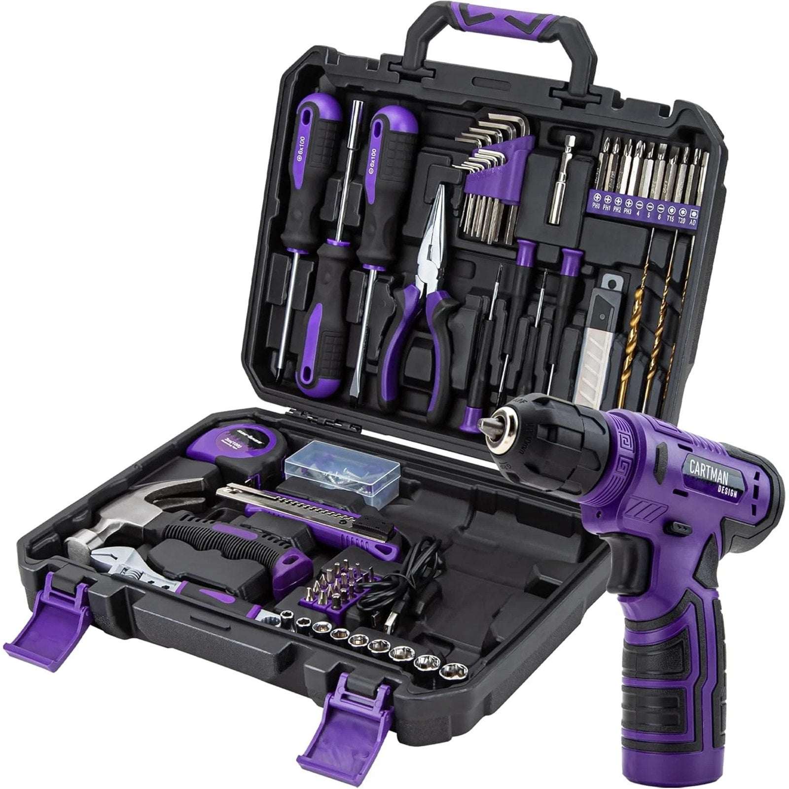 CARTMAN 150 Piece Tool Set, Home Tool Kit w/ 8V Purple Cordless Drill Set & Case
