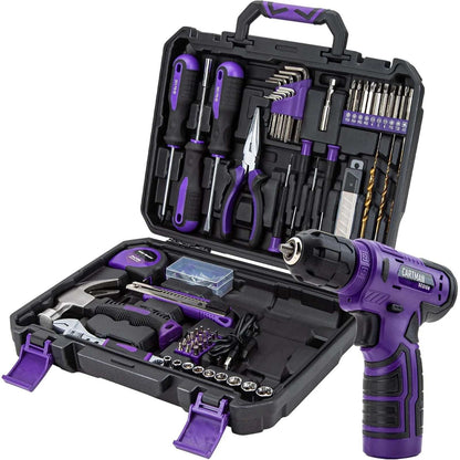 CARTMAN 150 Piece Tool Set, Home Tool Kit w/ 8V Purple Cordless Drill Set & Case