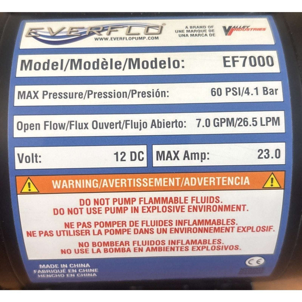 Everflo EF7000 12V Diaphragm Sprayer Pump - 7.0GPM, 60 PSI Max, 1/2" FNPT Ports