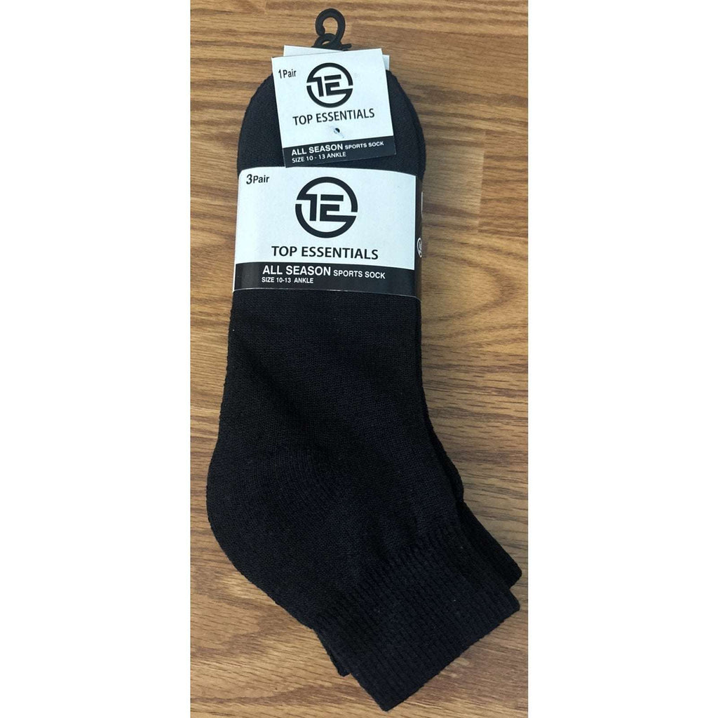 Top Essentials All Season Sport Ankle Socks Size 10-13 Men's Black 3 Pairs NWT