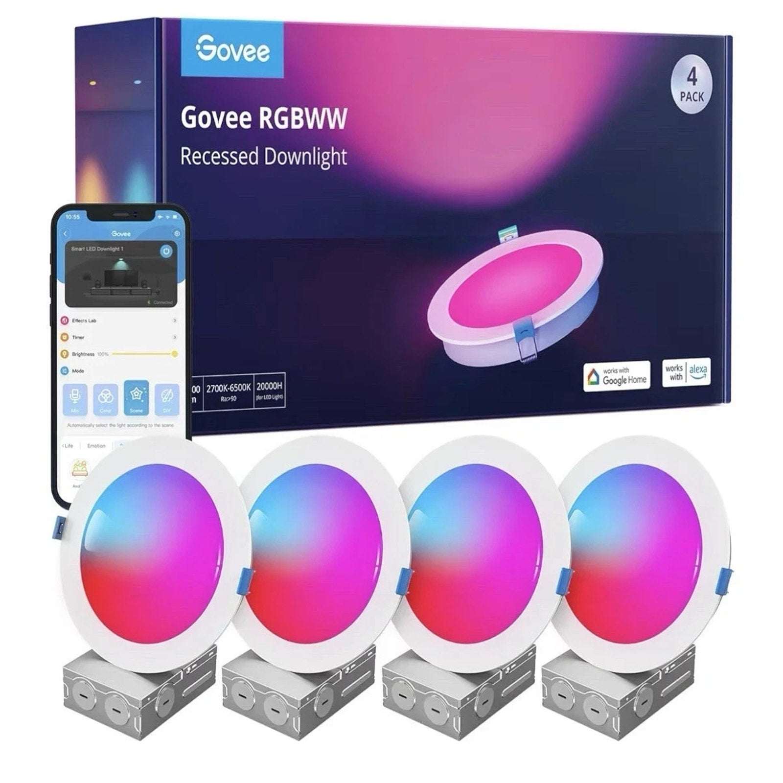 Govee H601A RGBWW 4-Pack Smart Recessed Downlights WiFi App Alexa Google Home