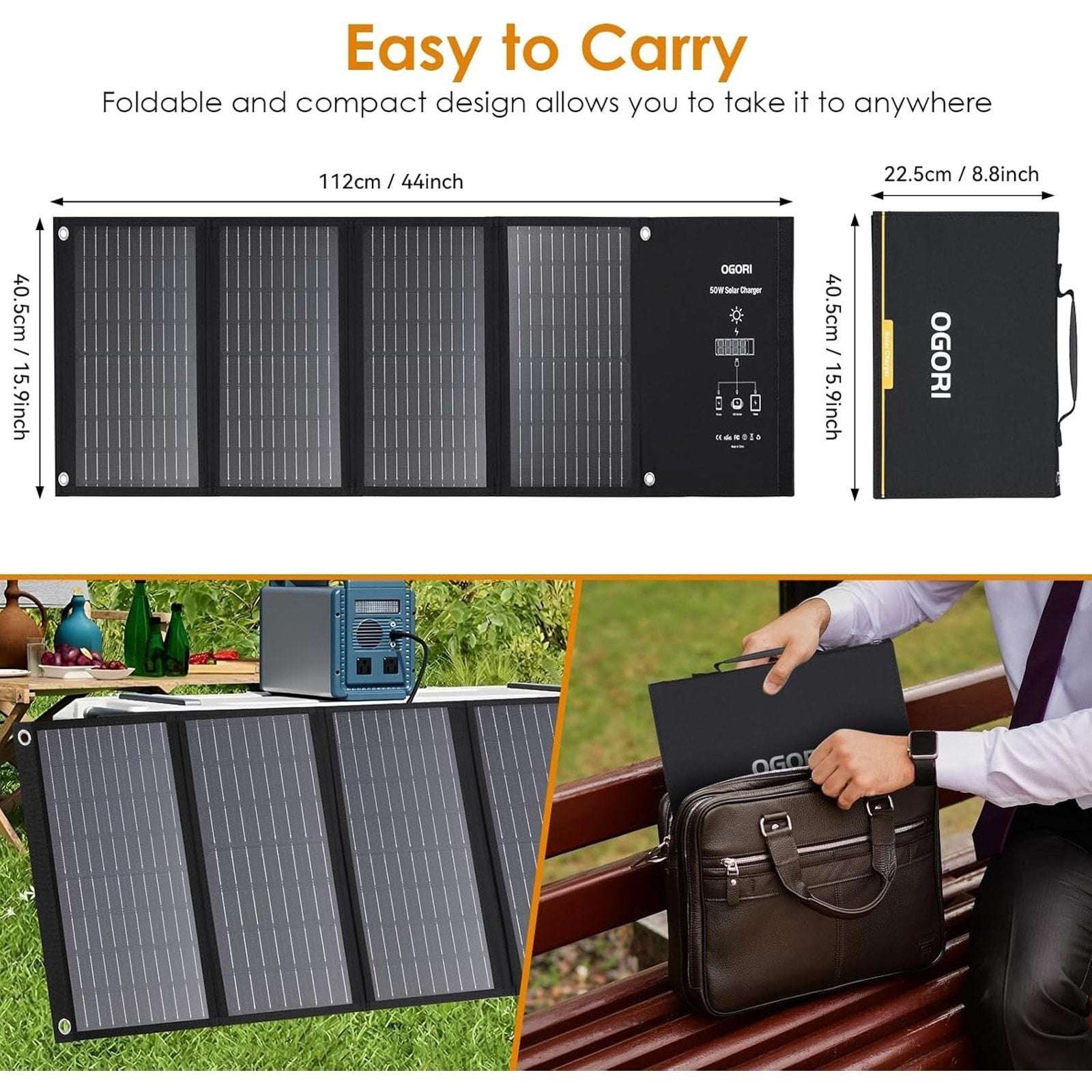 OGORI Portable Foldable High Efficiency 50W Solar Panel Smart Charger Waterproof