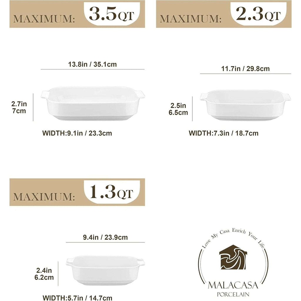 MALACASA 3PC Porcelain Casserole Baking Dish Set for Oven Ceramic Bakeware White