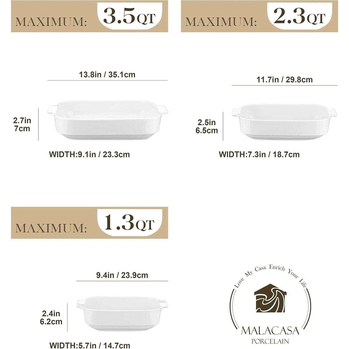 MALACASA 3PC Porcelain Casserole Baking Dish Set for Oven Ceramic Bakeware White