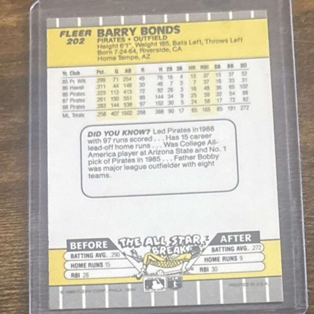 1989 FLEER #202 BARRY BONDS - PIRATES - From Pack to Sleeve - MLB Baseball