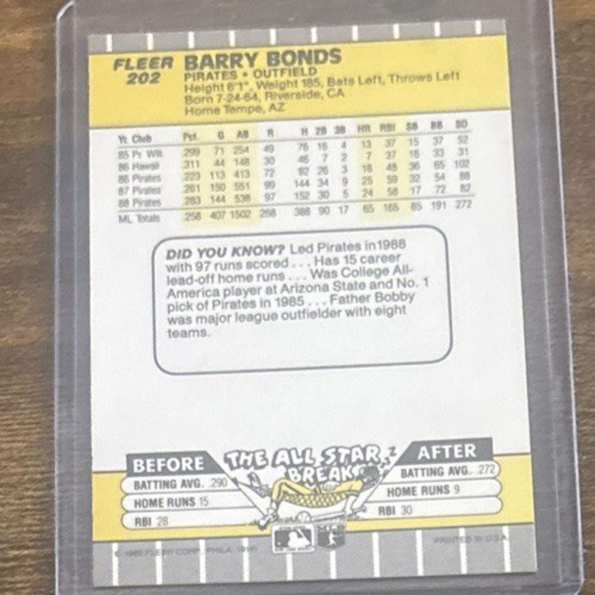 1989 FLEER #202 BARRY BONDS - PIRATES - From Pack to Sleeve - MLB Baseball