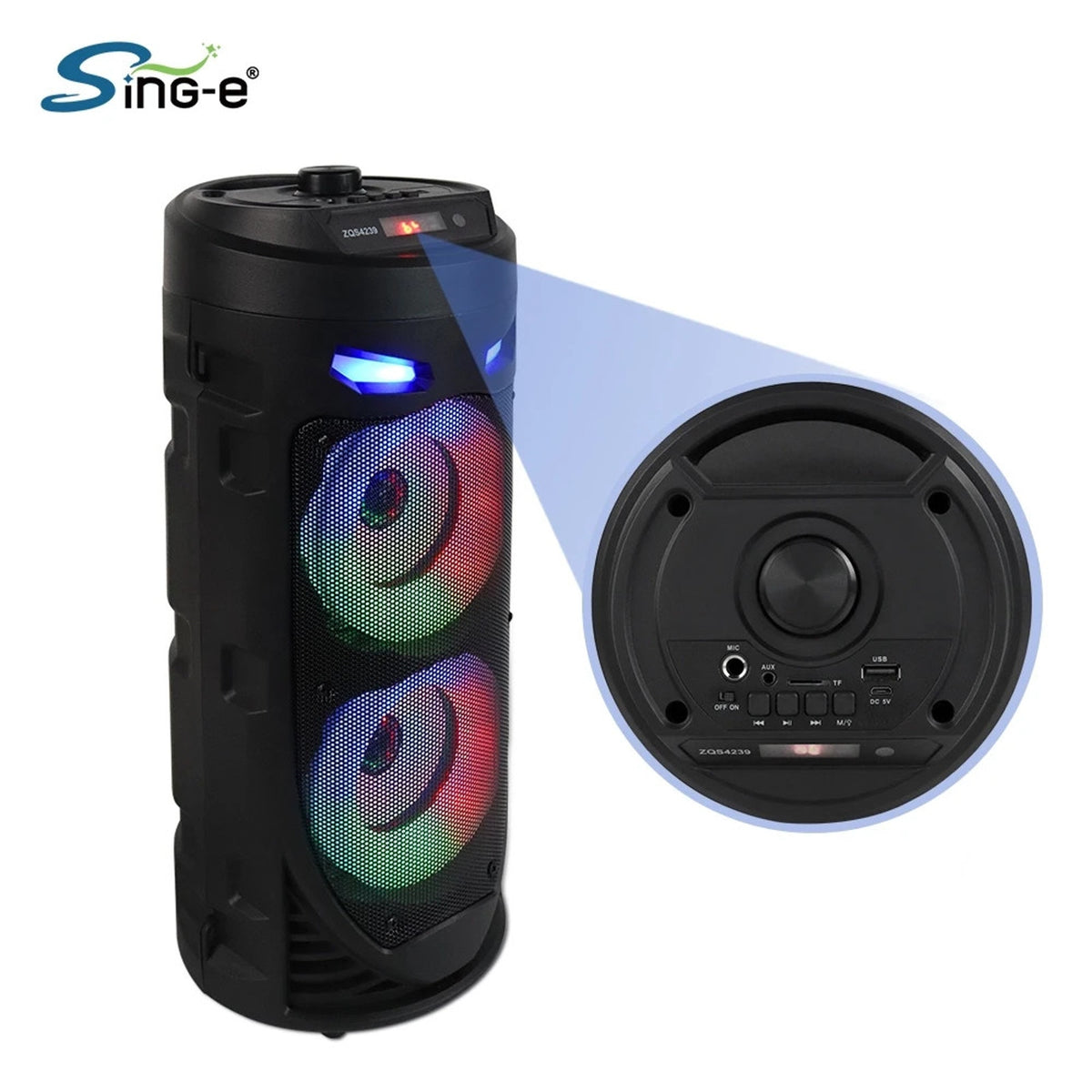 Sing-e ZQS4239S Portable Super Bass LED Speaker w/ Remote, USB/AUX, 1800mAh, Mic