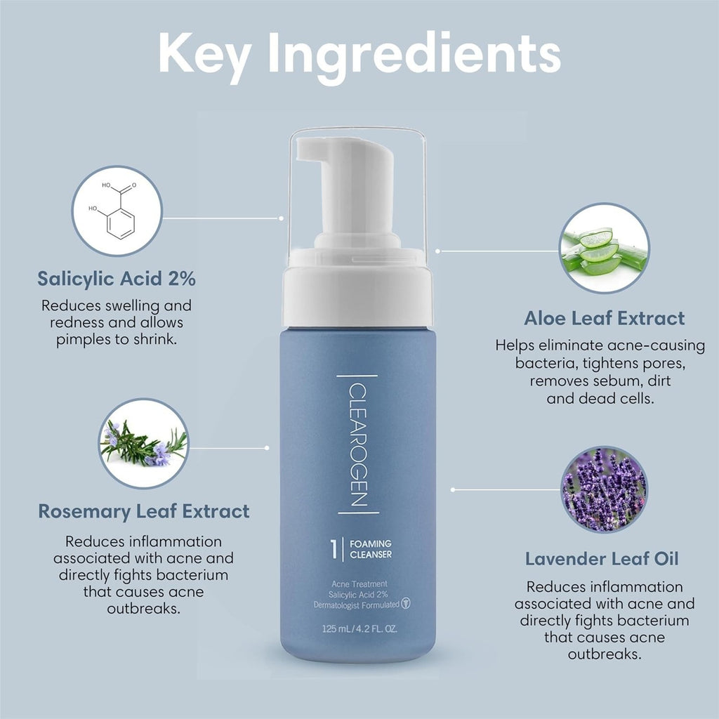 Clearogen Foaming Facial Cleanser, Acne Treatment Face Wash with Salicylic Acid