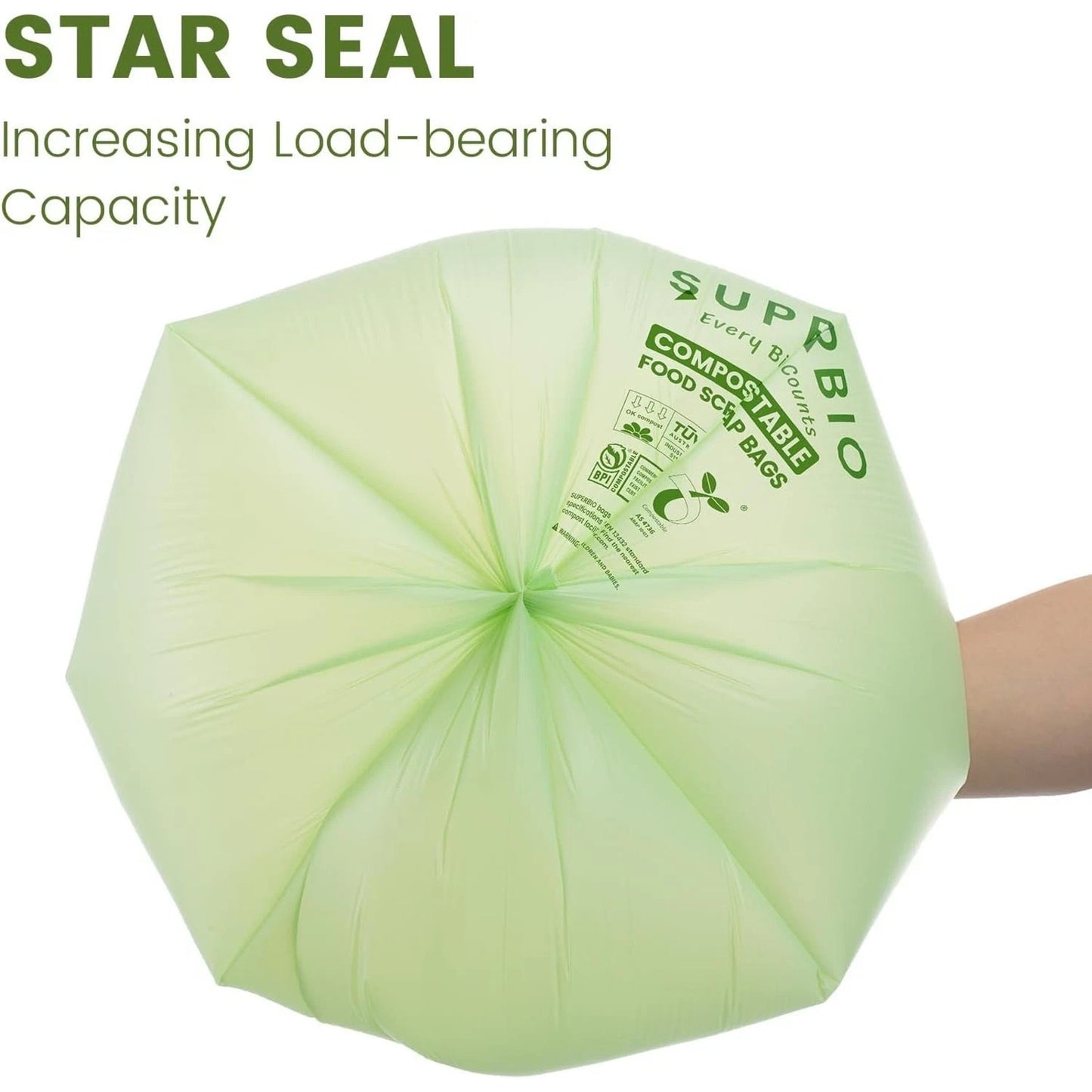 100Pk SUPERBIO 1.6 Gallon Handle Tie Compostable Food Scrap Bags Counter Top Bin