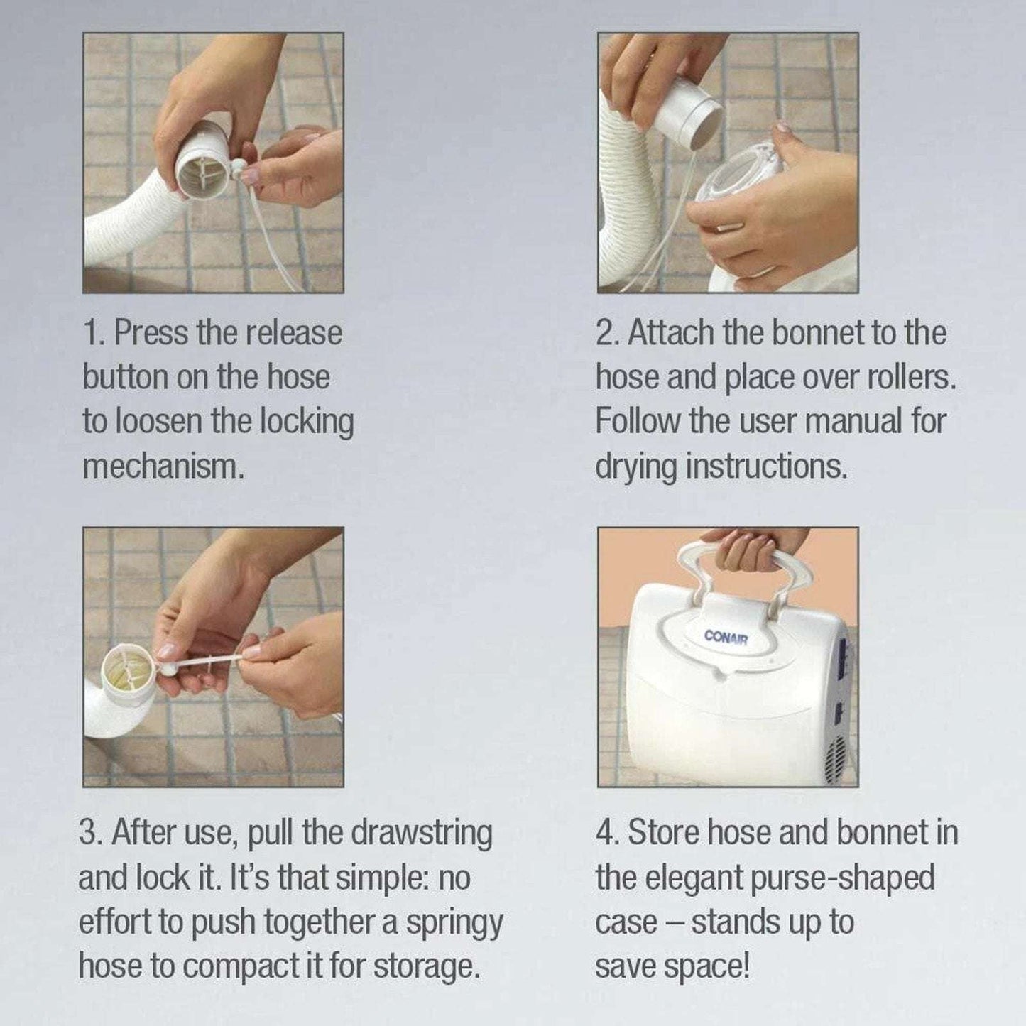 Conair Soft Bonnet Hair Dryer Styling Cap 4 Heat/Speed Settings & Volume Brush