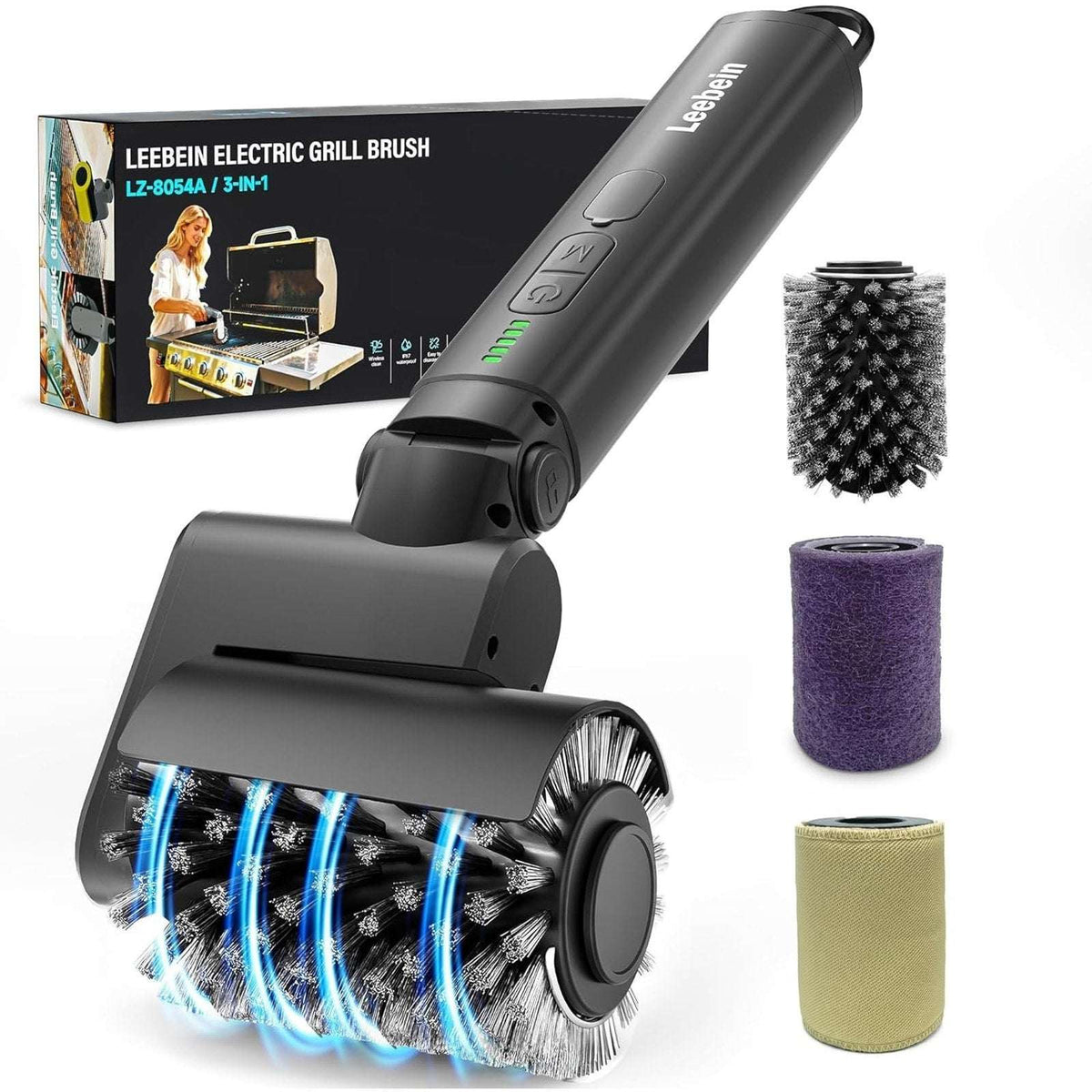 Leebein Electric Rotary Grill Brush 2026 BBQ Cleaner w/ 3 Heads 3 Speeds 480RPM