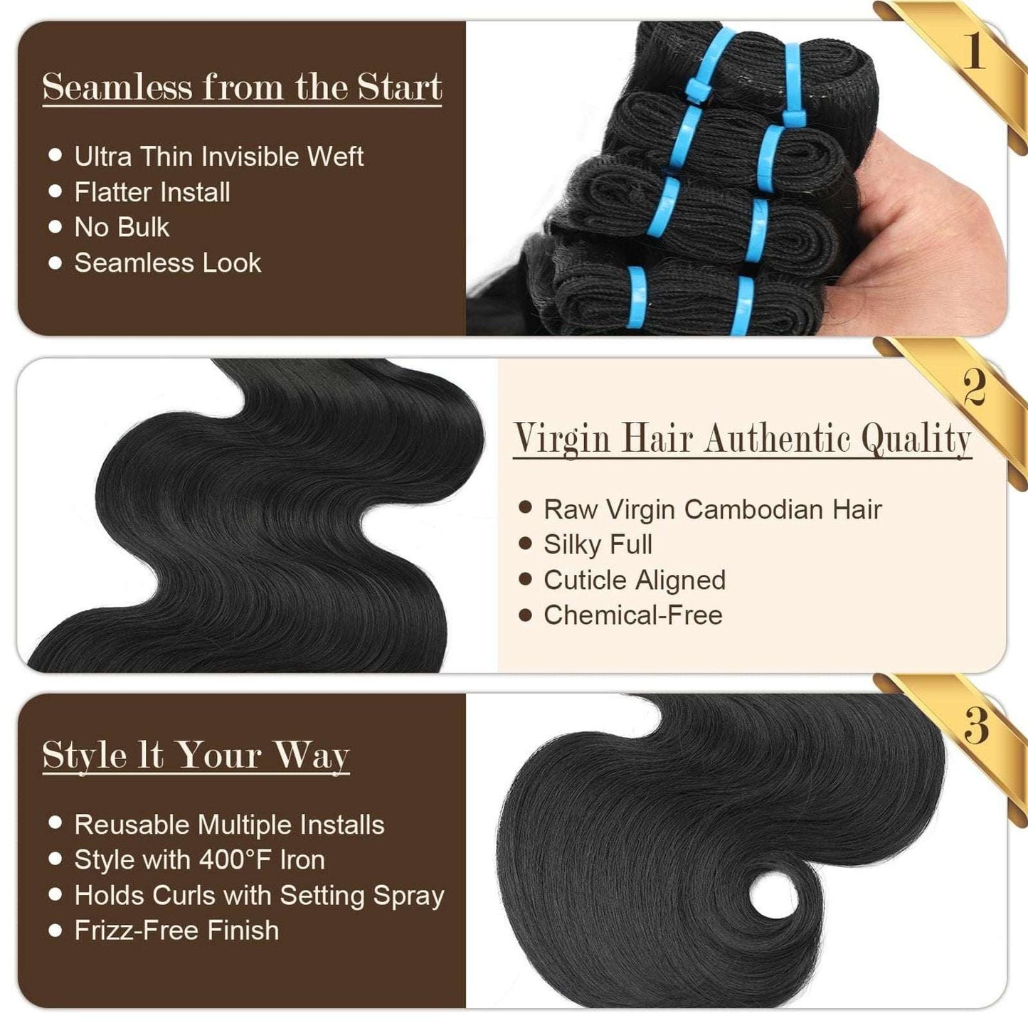 100% Raw Indian Body Wave Temple Real Human Hair Extension Bundle 18 20 22 Inch