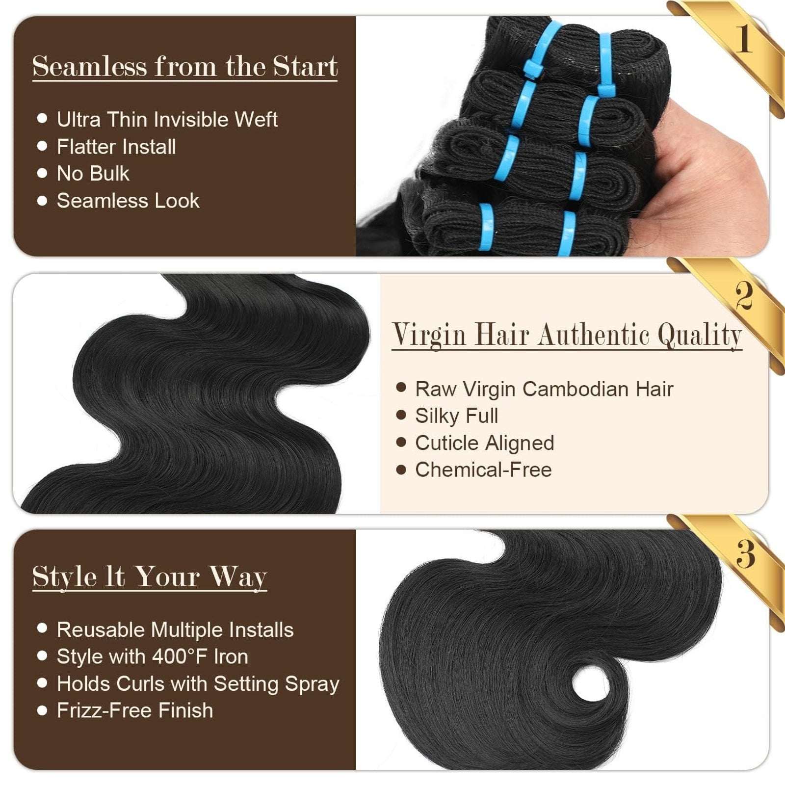 100% Raw Indian Body Wave Temple Real Human Hair Extension Bundle 18 20 22 Inch
