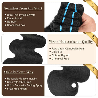 100% Raw Indian Body Wave Temple Real Human Hair Extension Bundle 18 20 22 Inch