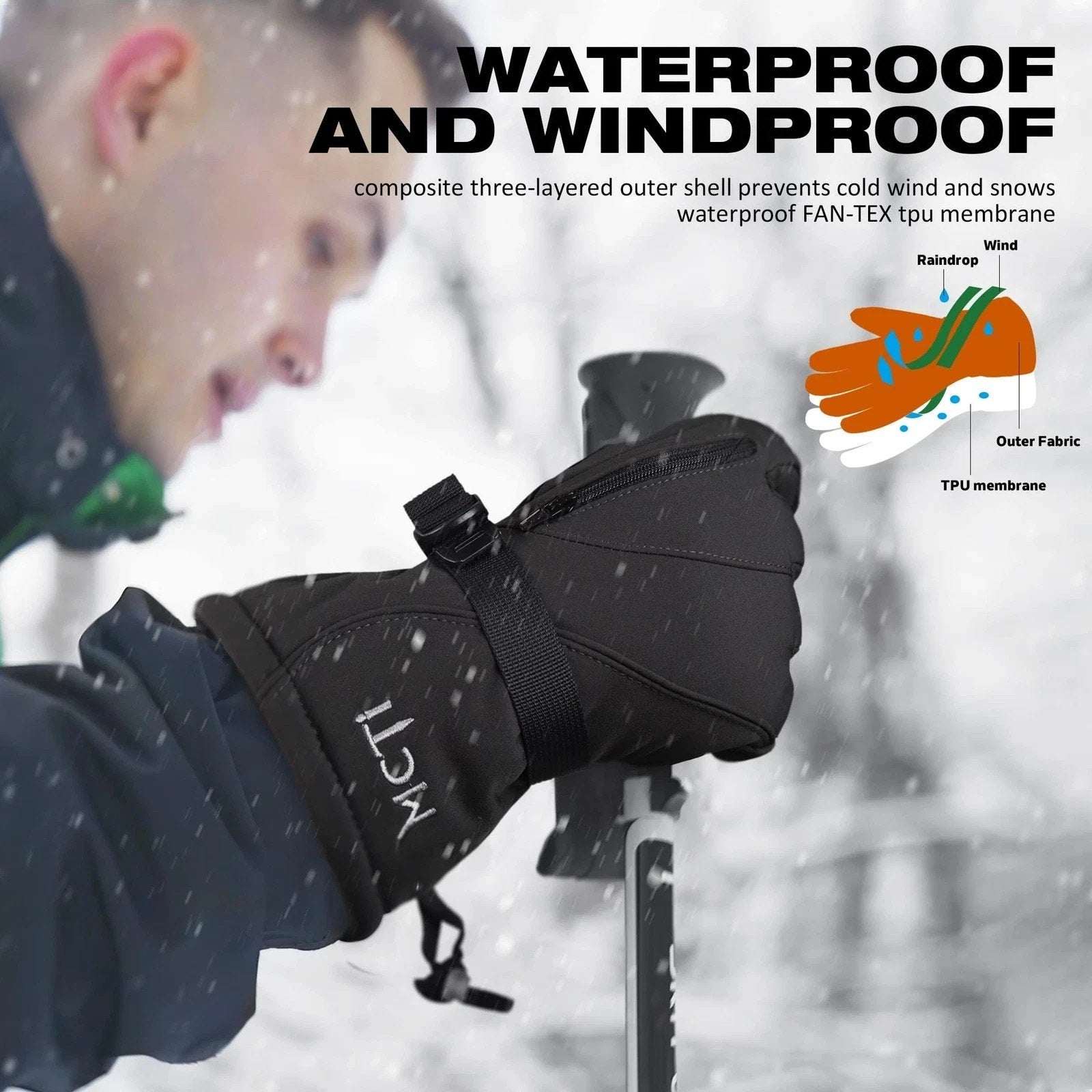 MCTi Waterproof Mens Ski Gloves Winter Warm 3M Thinsulate Snowboard Large Black