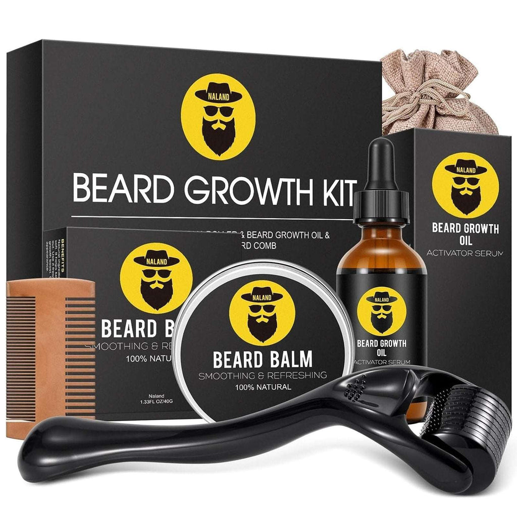 Naland Beard Growth Kit - Growth Oil (2oz), Beard Balm, Beard Comb & Massager