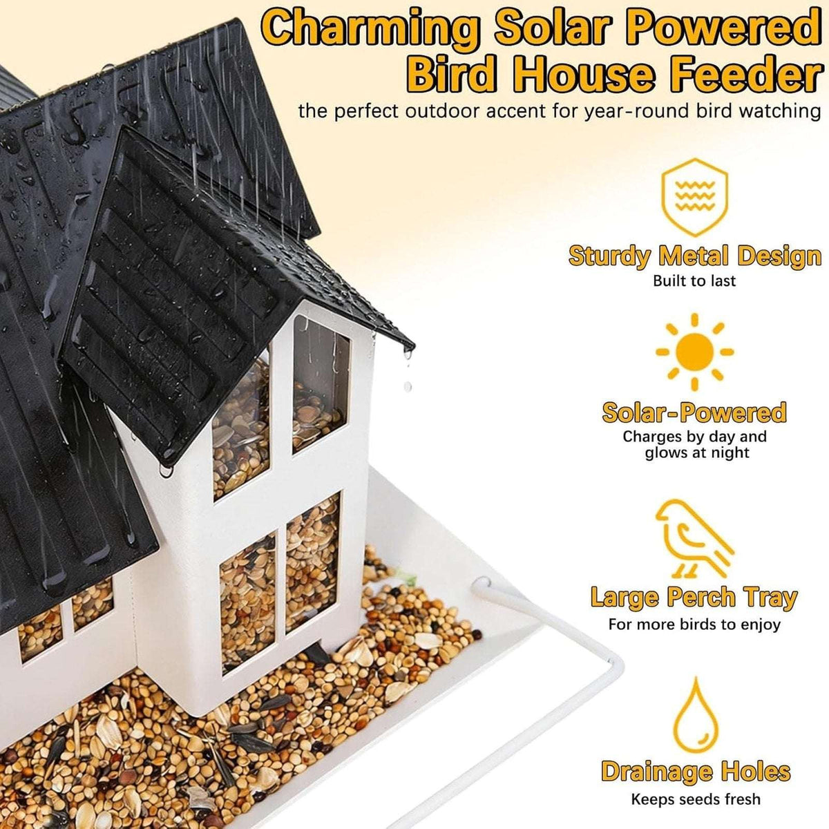 Solar Bird Feeder House Waterproof Hanging All Metal Wild Bird Outdoor Feeder
