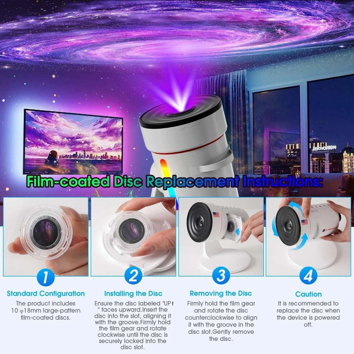 4K HD Galaxy Star Projector with 10 Slides, 360° Rotation, Timer & 8 LED Colors