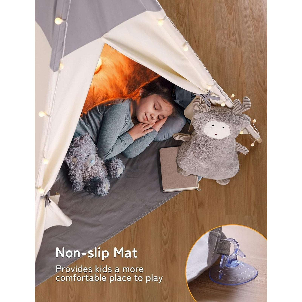 Besrey Kids Teepee Tent w/ Lights & Mat - Girl Boy Toddler Play Tent White Gray