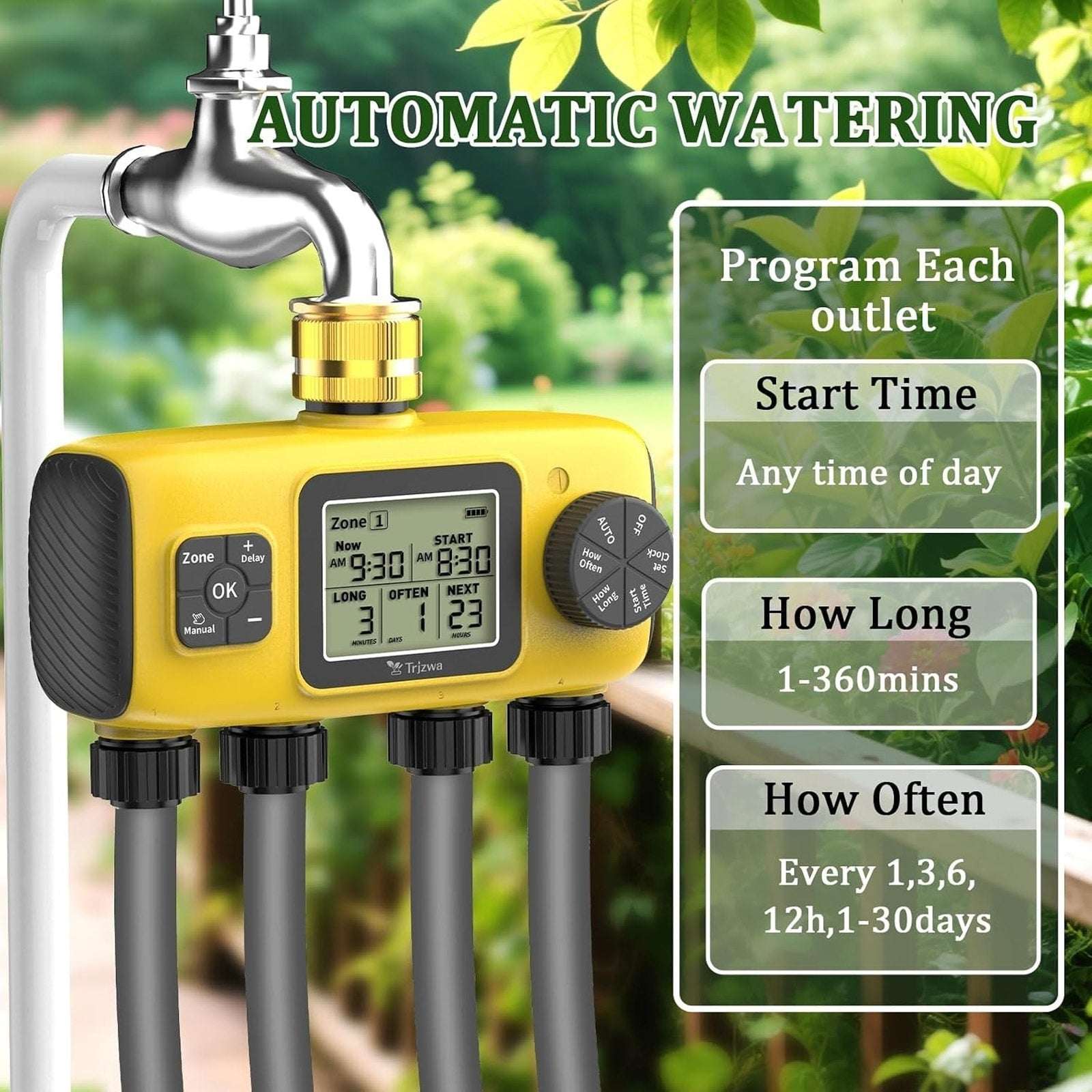 4-Zone Programmable Digital Smart Water Timer w/ Brass Inlet, Rain Delay, Anti-R