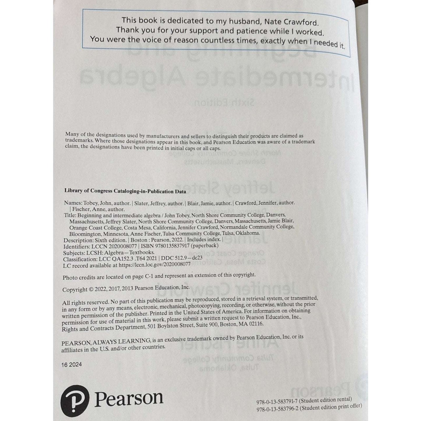 Pearson Beginning & Intermediate Algebra 6th Edition Hardcover Tobey Slater Blai