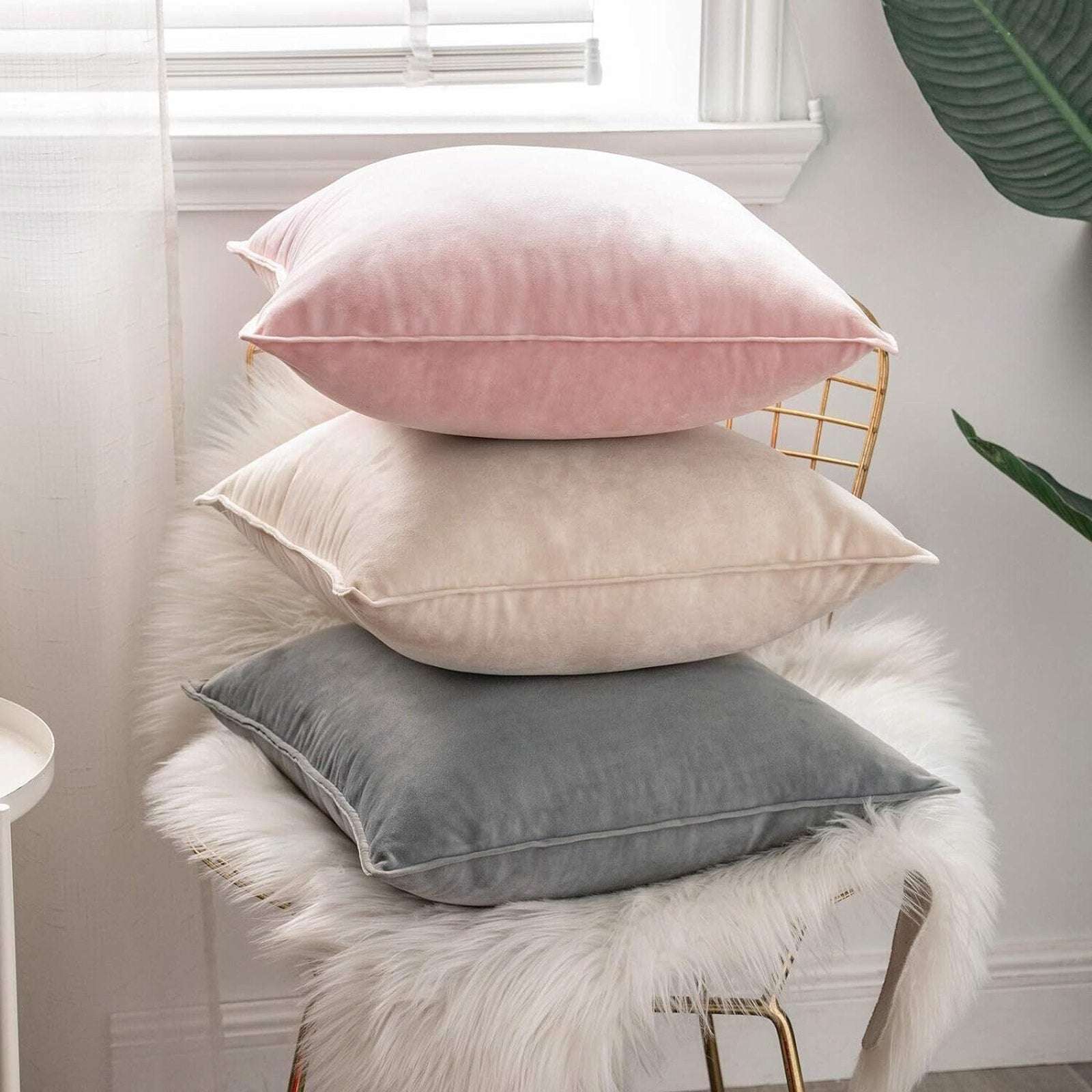 (2) MIULEE Velvet Soft Decorative Square Throw Pillow Covers Cream White 22x22