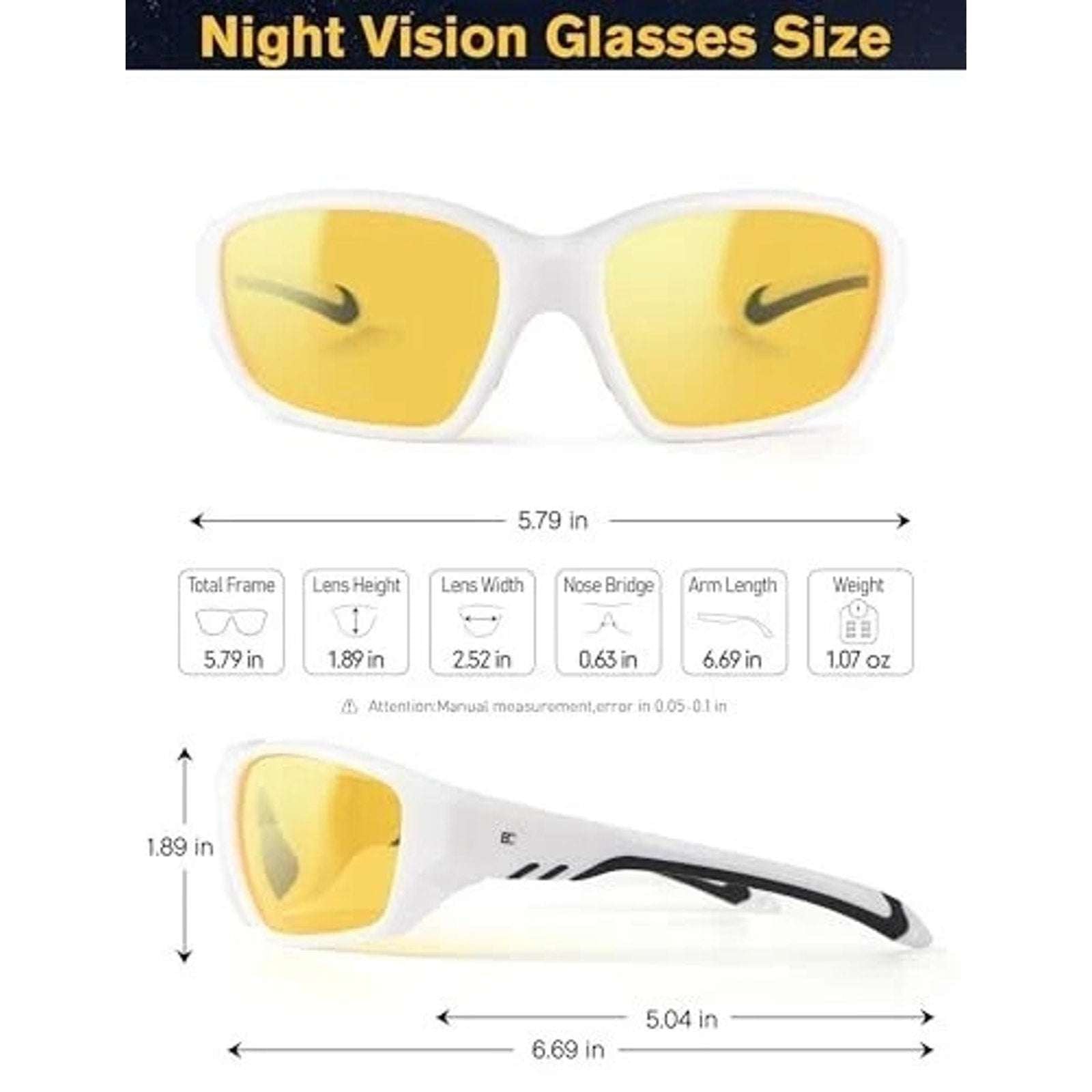 BIRCEN Night Vision Anti Glare Glasses White Sports Frames for Driving Fishing +