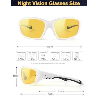 BIRCEN Night Vision Anti Glare Glasses White Sports Frames for Driving Fishing +