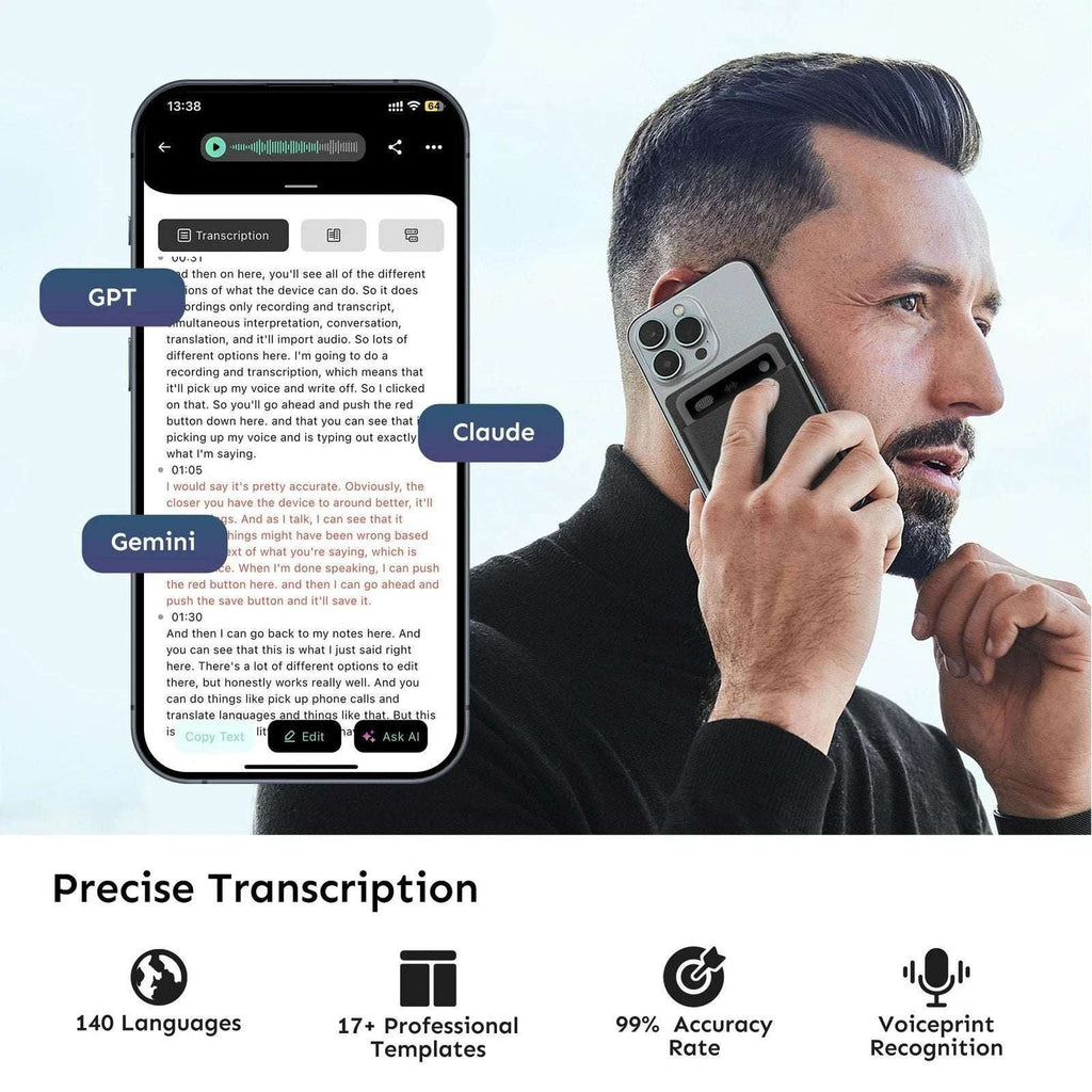 NOTE AI Voice Recorder, Transcribe & Summarize, 140 Languages Voice to Text 64GB