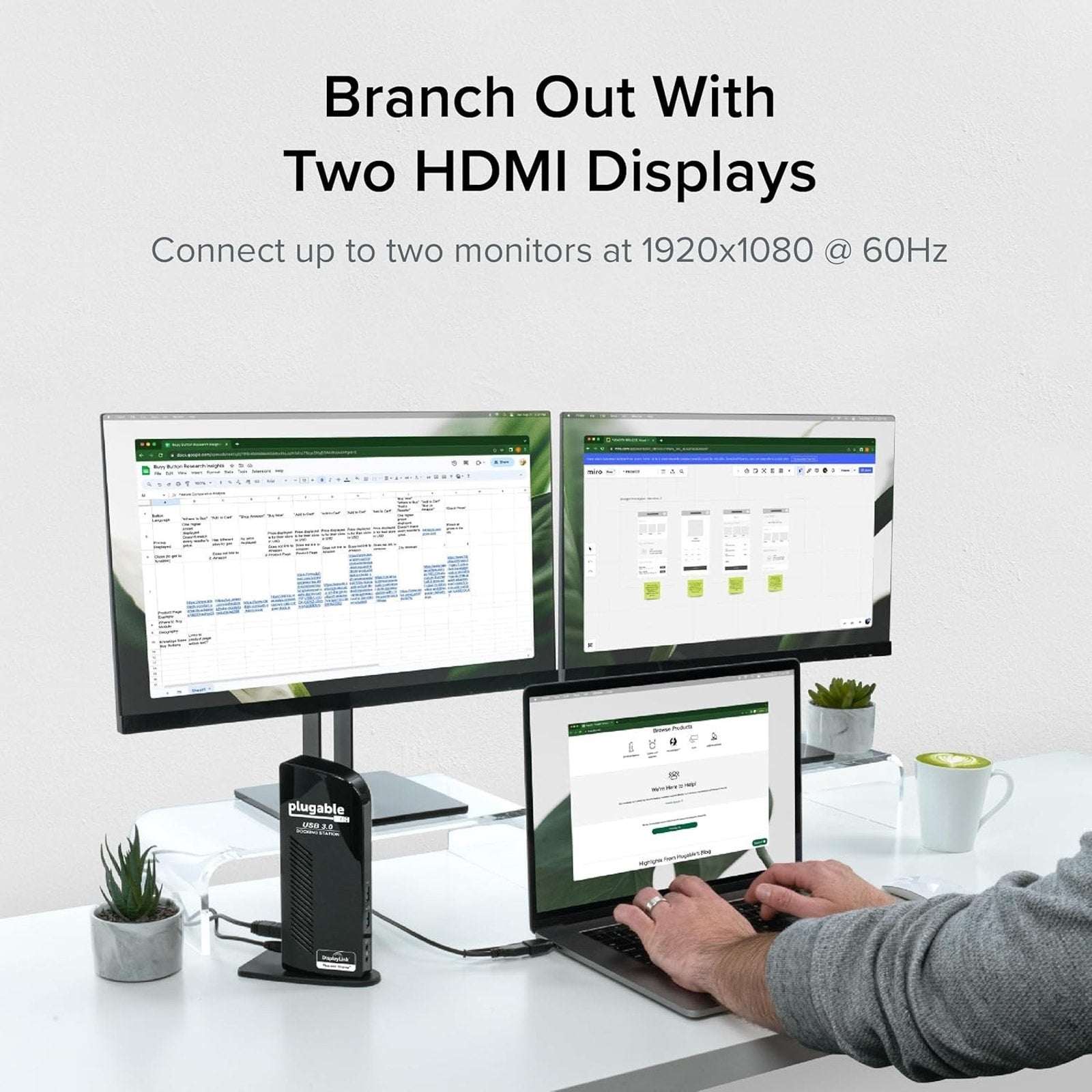 Plugable USB 3.0 and USB-C Dual HDMI Display Monitor Docking Station UD-3900
