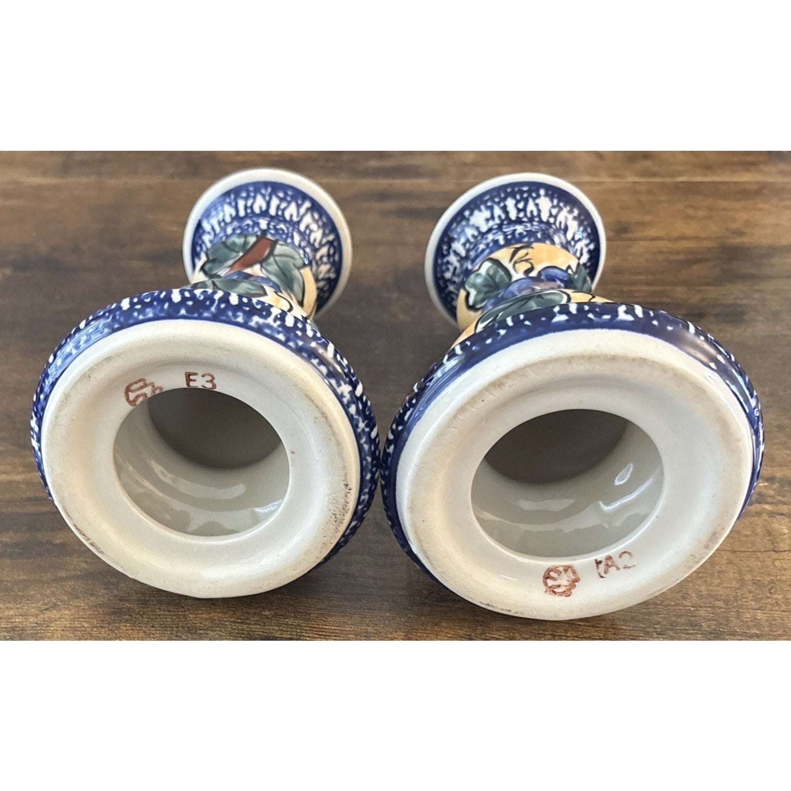 Blue Rose Polish Pottery Boleslawiec 7" Candlestick Pair Blue White Grapes