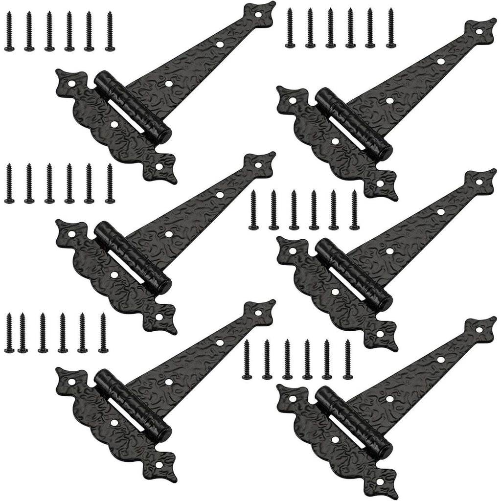 6" Heavy Duty Hammered Black Steel Gate T Hinge Strap Shed, Barn Doors - 6 Pack