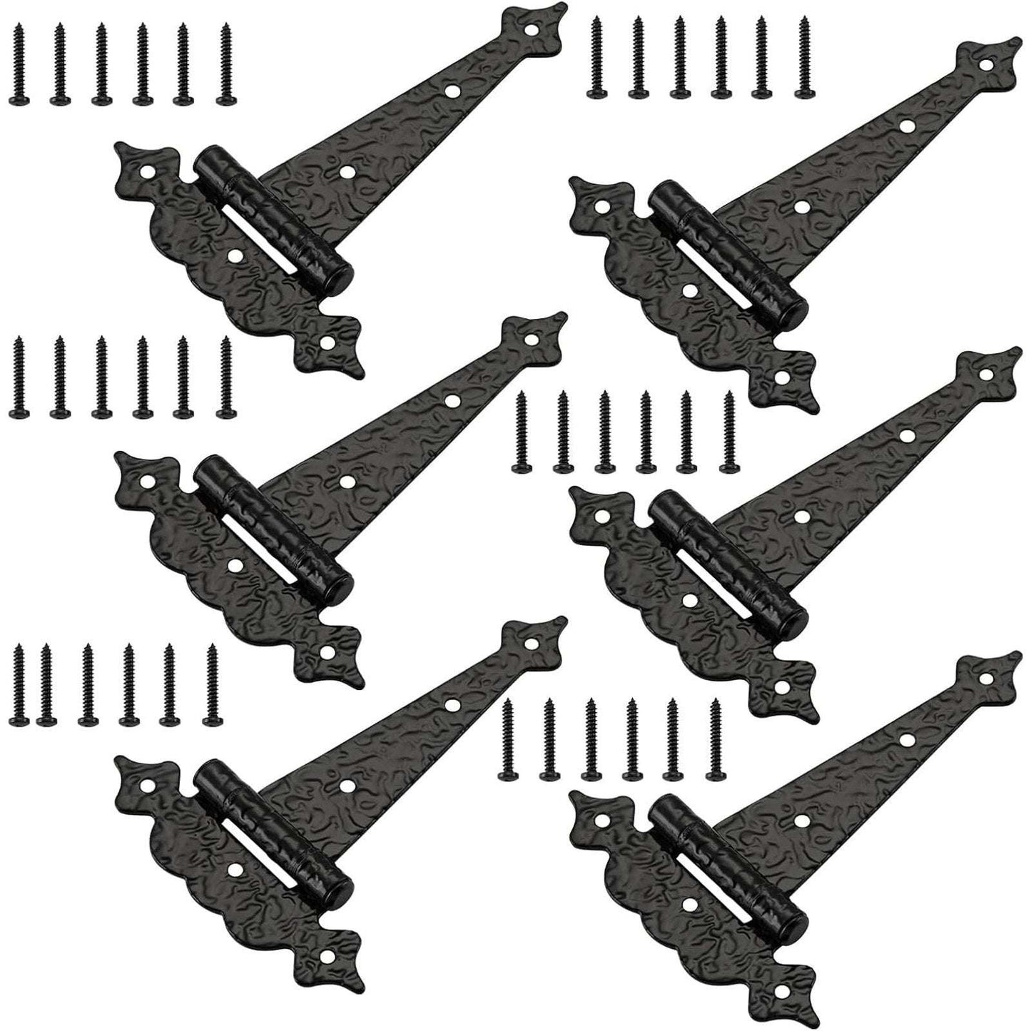 6" Heavy Duty Hammered Black Steel Gate T Hinge Strap Shed, Barn Doors - 6 Pack