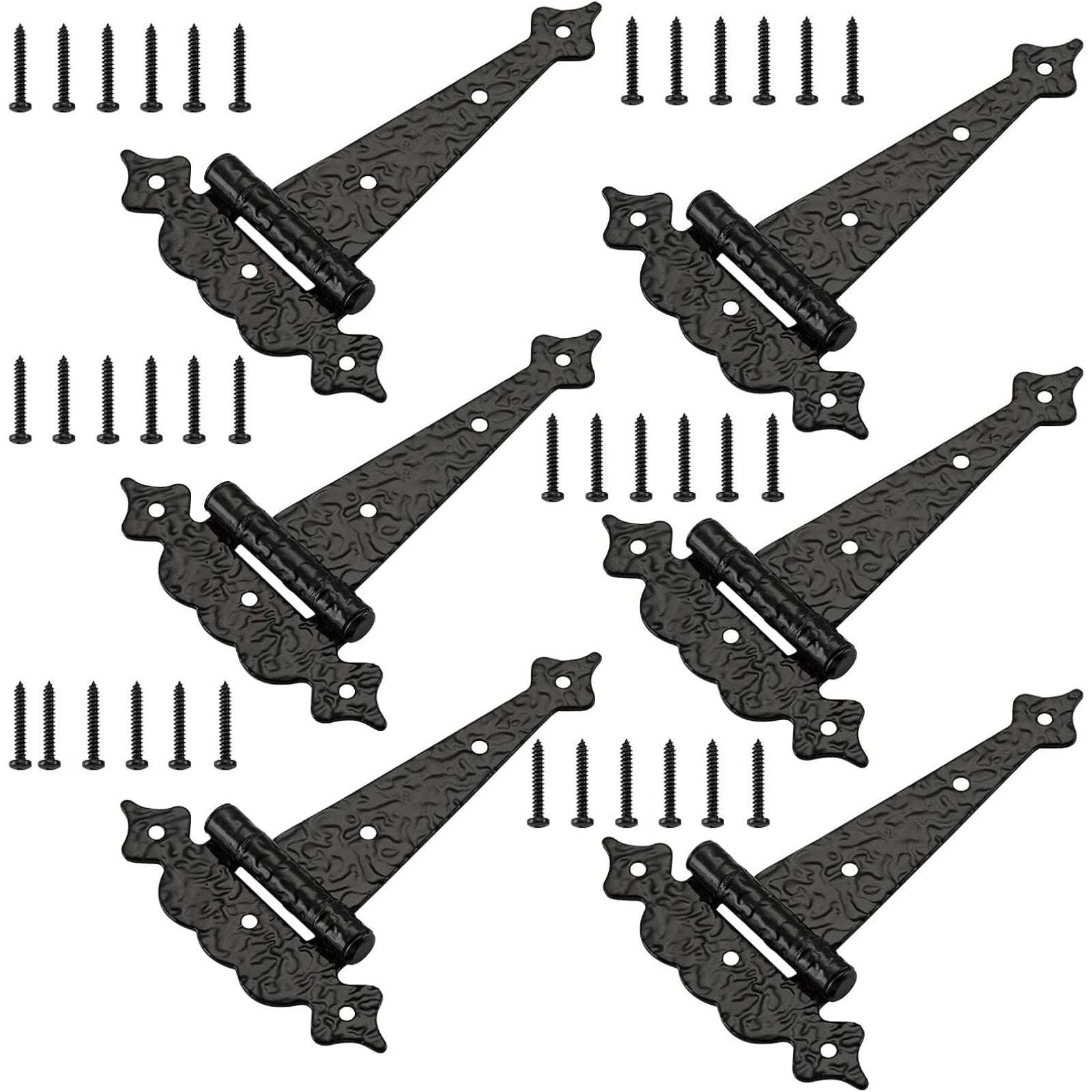 6" Heavy Duty Hammered Black Steel Gate T Hinge Strap Shed, Barn Doors - 6 Pack