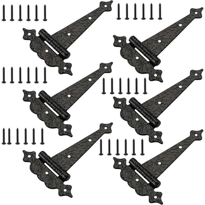 6" Heavy Duty Hammered Black Steel Gate T Hinge Strap Shed, Barn Doors - 6 Pack
