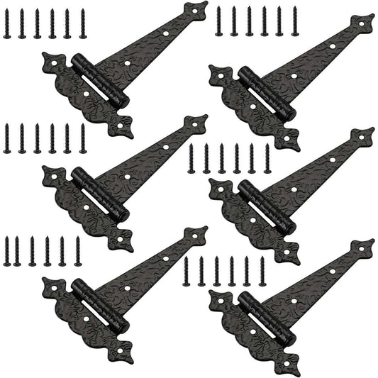 6" Heavy Duty Hammered Black Steel Gate T Hinge Strap Shed, Barn Doors - 6 Pack