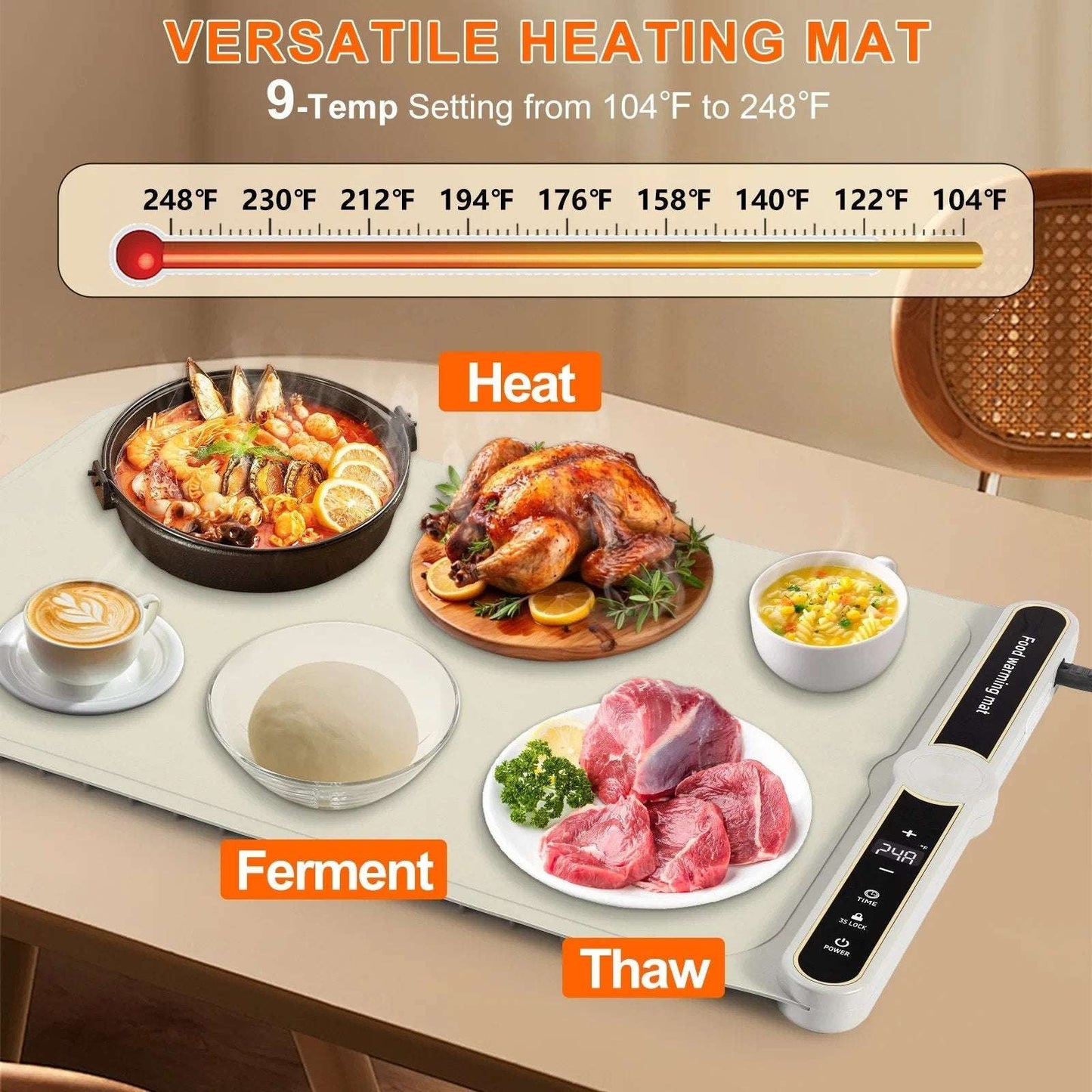 Electric Silicone Food Warming Mat 9 Temp/6 Timer Portable, Rollable, Child-Lock