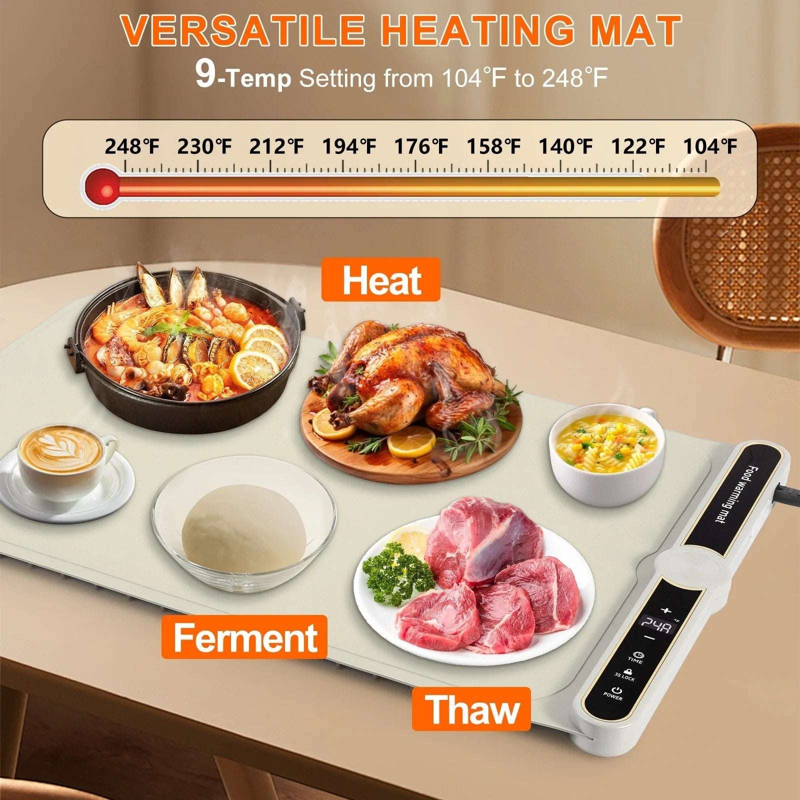 Electric Silicone Food Warming Mat 9 Temp/6 Timer Portable, Rollable, Child-Lock