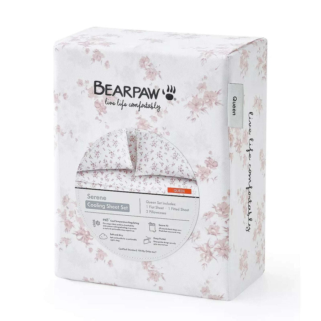 BEARPAW Serene Cooling Queen Sz Sheet Set Morris Dainty Floral Blush Pink/White