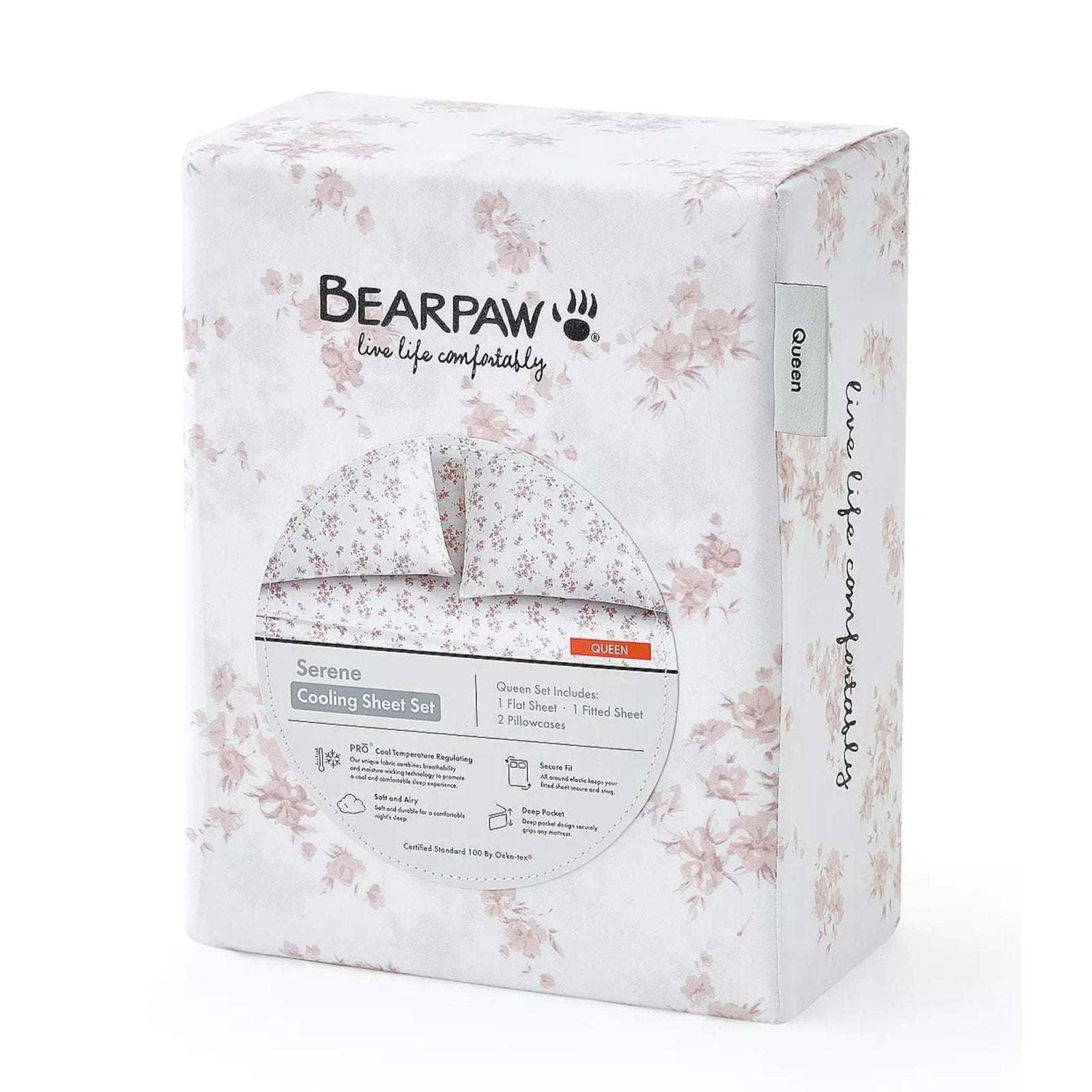 BEARPAW Serene Cooling Queen Sz Sheet Set Morris Dainty Floral Blush Pink/White