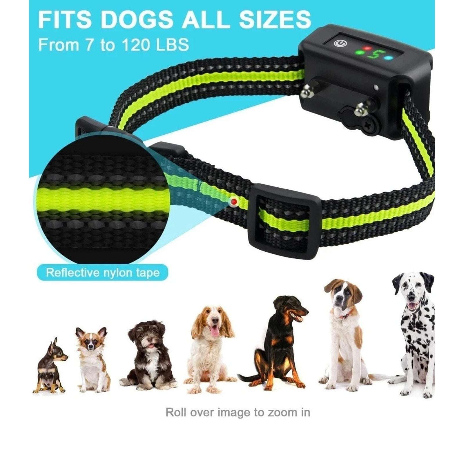 Smart Anti Bark Collar Dogs Up to 120lbs Waterproof, Reflective & Rechargeable