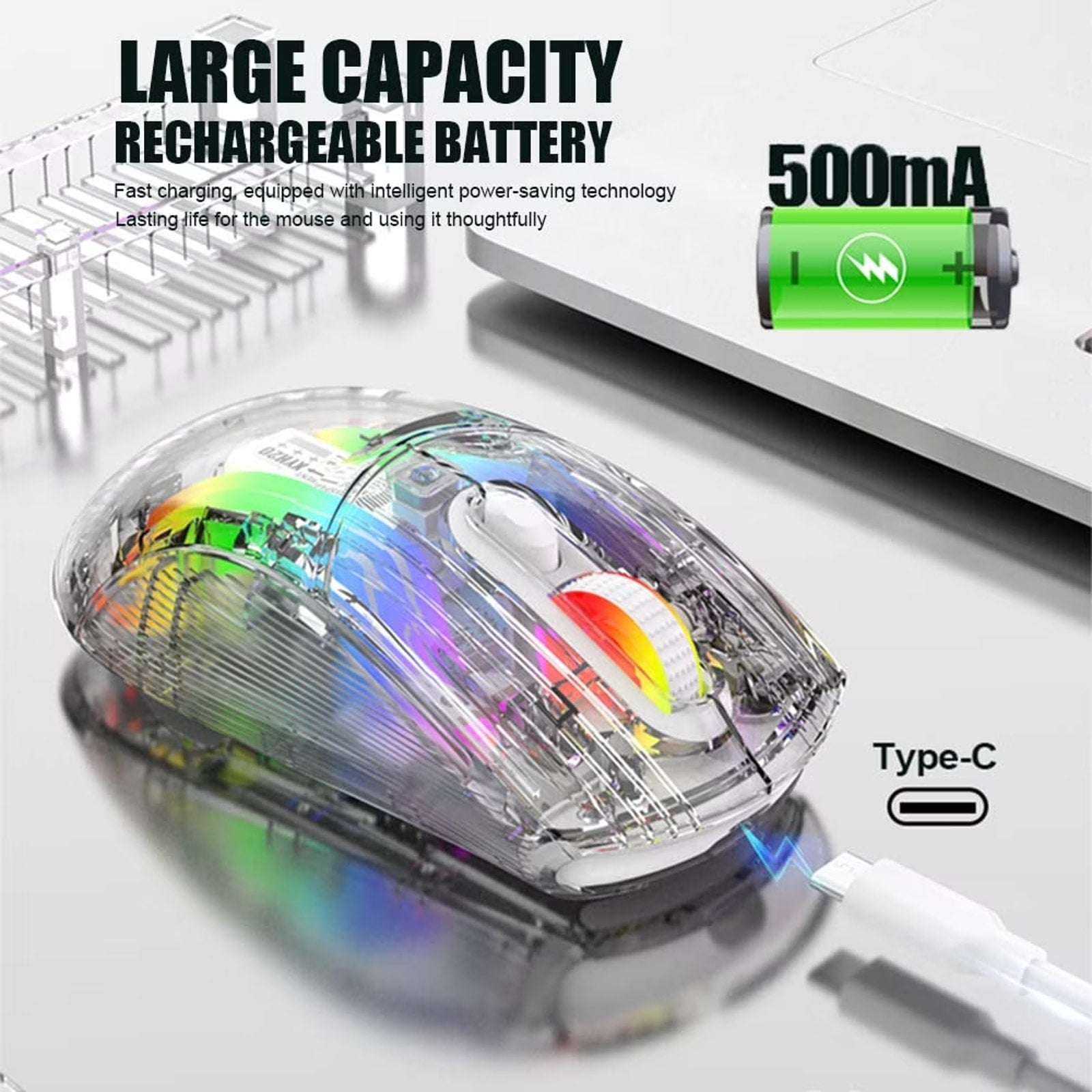 Transparent RGB Bluetooth Wireless Gaming Mouse, Dual Mode USB Computer Mouse