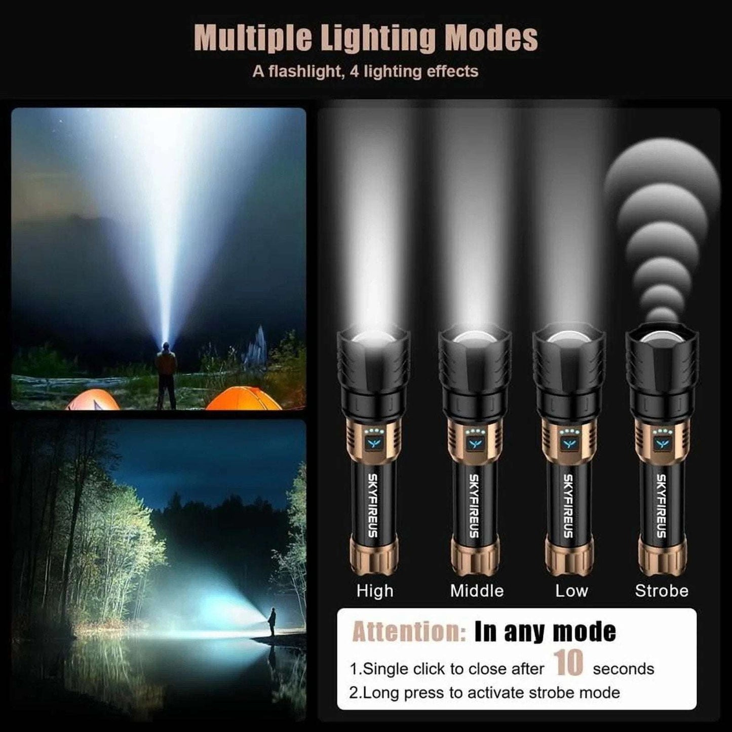SKYFIRE LED Flashlight 2000lm Rechargeable Zoom Waterproof w/ FIRE STARTER Lens