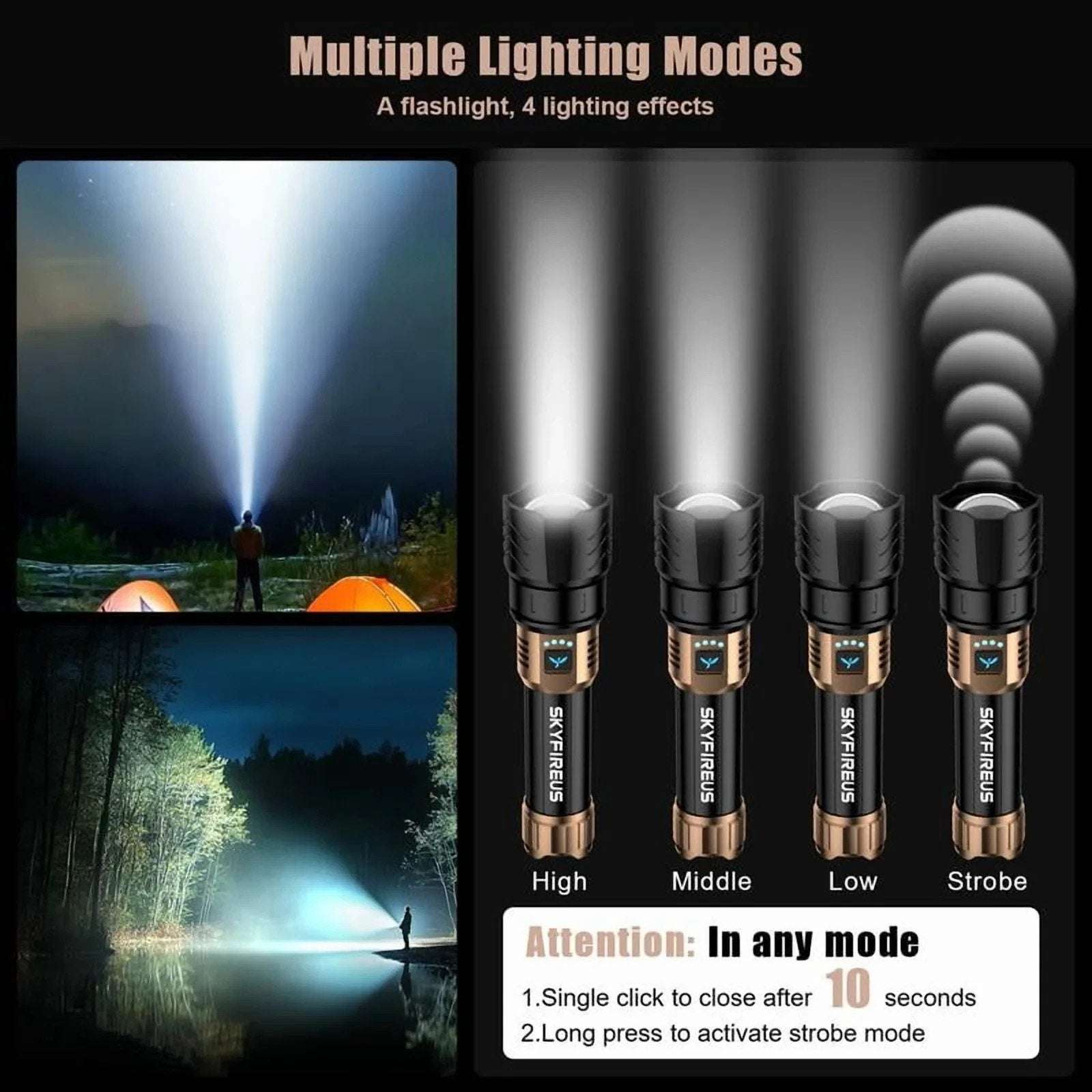 SKYFIRE LED Flashlight 2000lm Rechargeable Zoom Waterproof w/ FIRE STARTER Lens