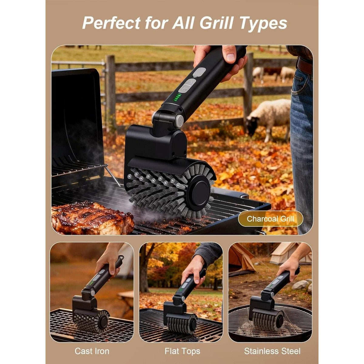 Electric Grill Brush Cordless Rechargeable BBQ Cleaner with 3 Speeds & 3 Heads