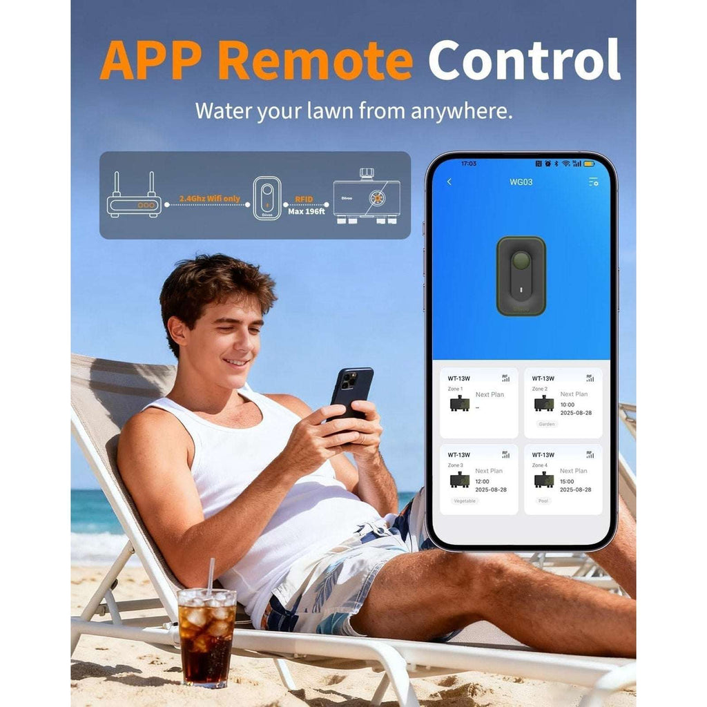 Diivoo 4 Zone WiFi Smart Water Timer + Hub w/ Brass Inlet Rain Delay App Control