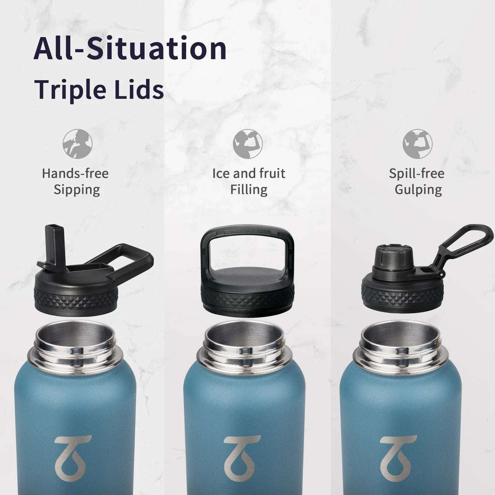 Trebo 32oz Water Bottle Insulated 3 Lids, Paracord, Carabiner, Compass & Whistle