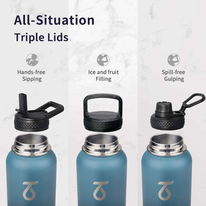 Trebo 32oz Water Bottle Insulated 3 Lids, Paracord, Carabiner, Compass & Whistle