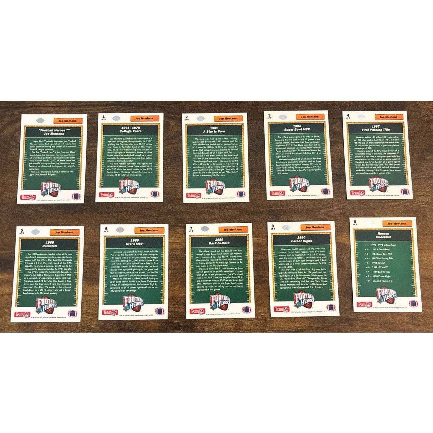1991 Upper Deck Football Heroes Joe Montana Cards COMPLETE SET Pristine & Center
